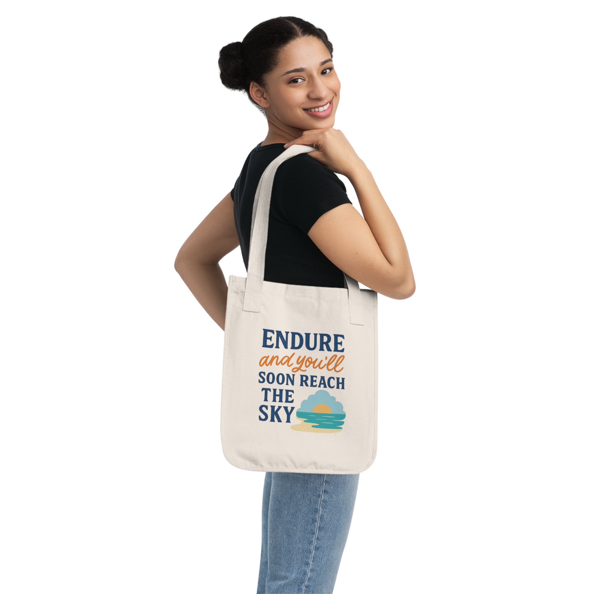 Endure and You'll Soon Reach the Sky Tote Bag | Inspirational Beach Sunset Design - Image 4