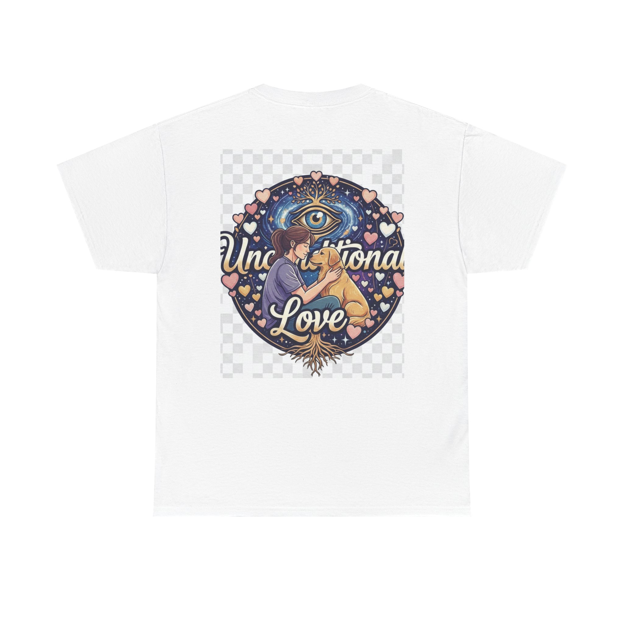 Unconditional Love T-Shirt | Cosmic Eye Embrace, Hearts Design - Image 2