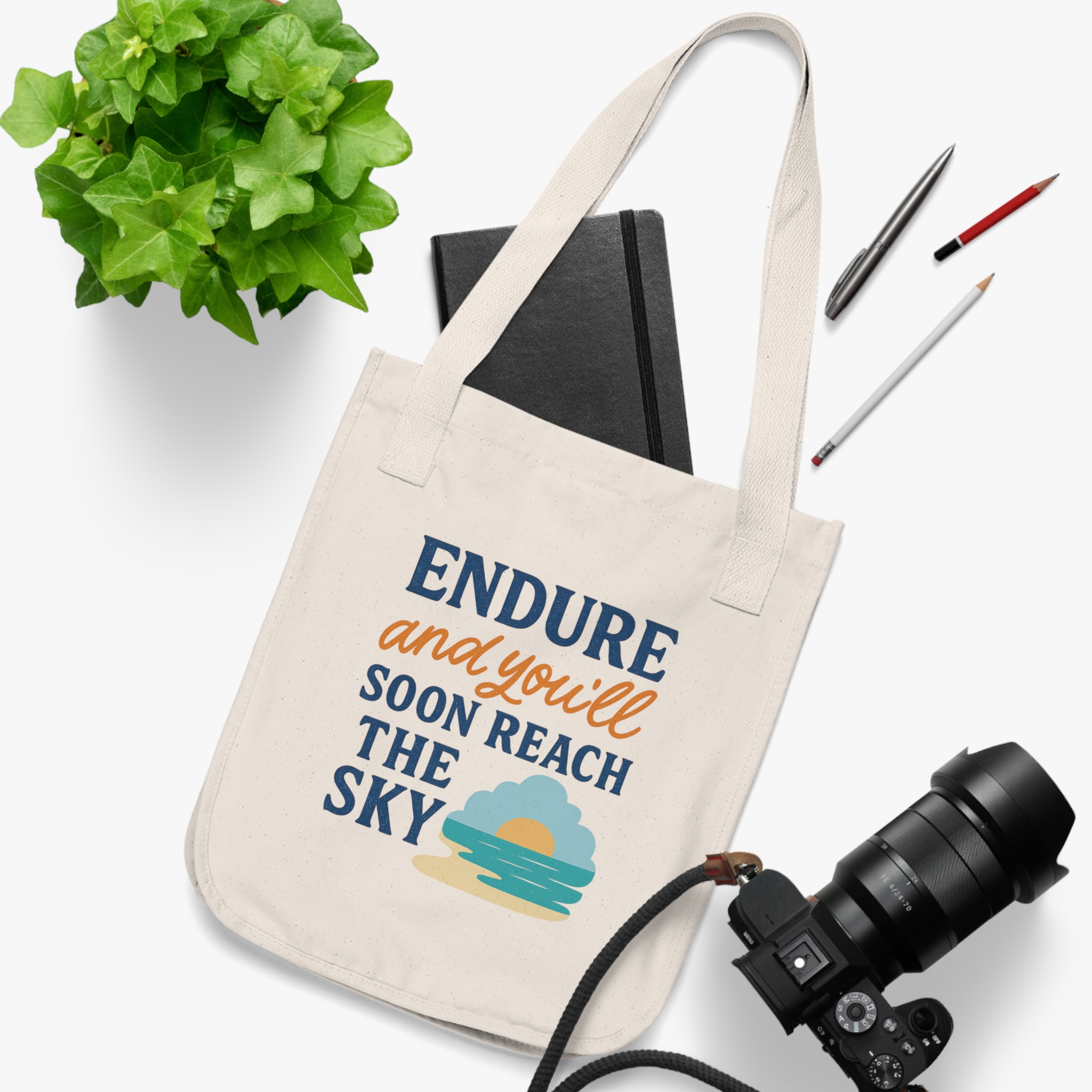 Endure and You'll Soon Reach the Sky Tote Bag | Inspirational Beach Sunset Design - Image 3