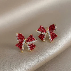 Valentine Day Gift Red Zircon Crystal Bow Stud Earrings For Women
