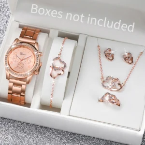 6PCS/Set Women's Band Quartz Watch Double Heart Jewelry Set(Without Box)