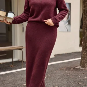 Plus Size 2-Piece Knit Set: High Neck Zipper Sweater & Long Skirt, Casual Fall/Winter Outfit