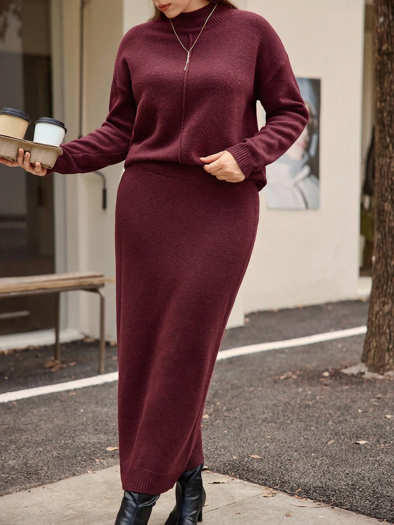 Plus Size 2-Piece Knit Set: High Neck Zipper Sweater & Long Skirt, Casual Fall/Winter Outfit