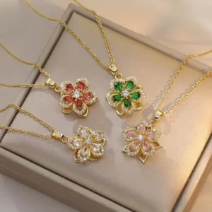 Shiny Zircon Romantic Flower Pendant Necklace For Women Gold Plated Rotatable Flowers Choker