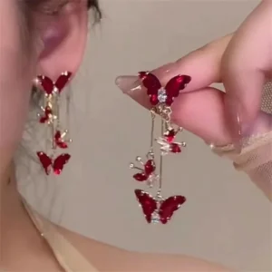 Valentine Day Gift Elegant Red Zircon Butterfly Drop Earrings for Women